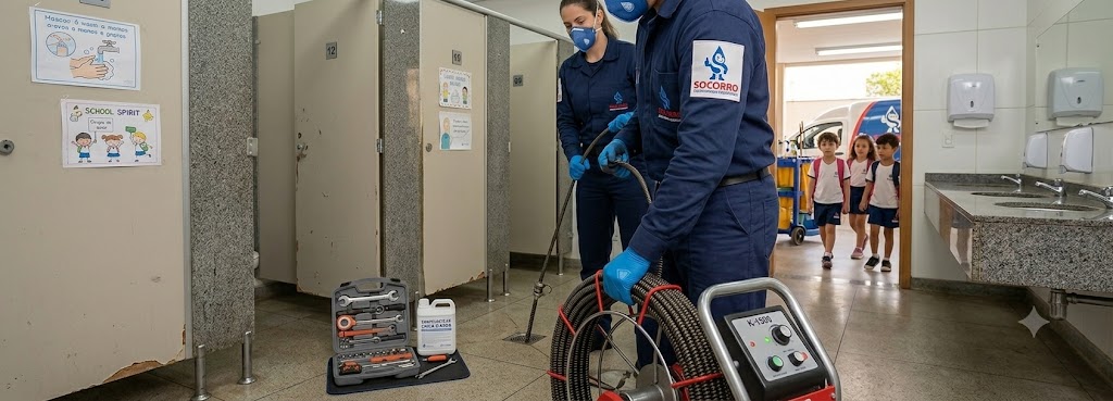 Profissional realizando Desentupimento e Manutenção Preventiva para Escolas, Colégios e Creches em Gaspar