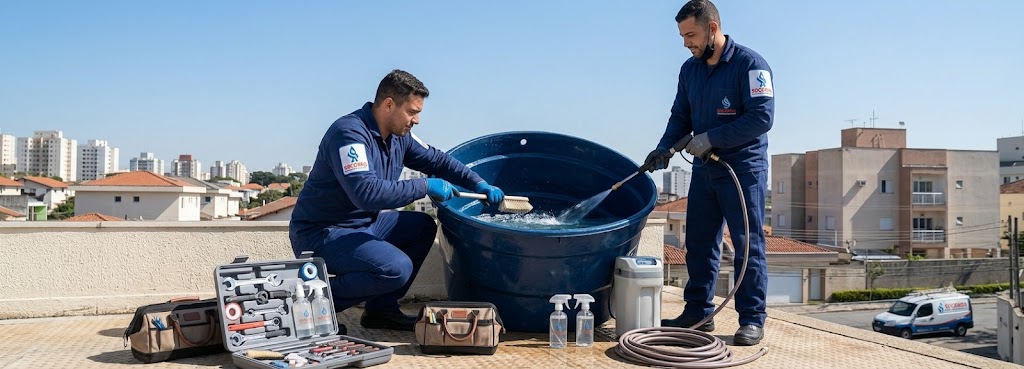 Profissional realizando Limpeza e Higienização de Caixas D'água em Gaspar